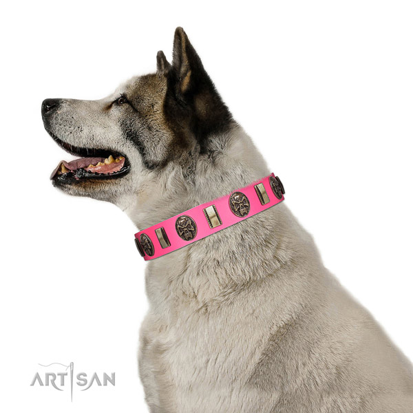 Smooth leather Akita Inu collar in pink color