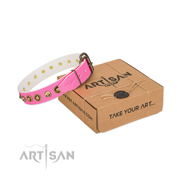 Handmade pink leather dog collar for everyday activities