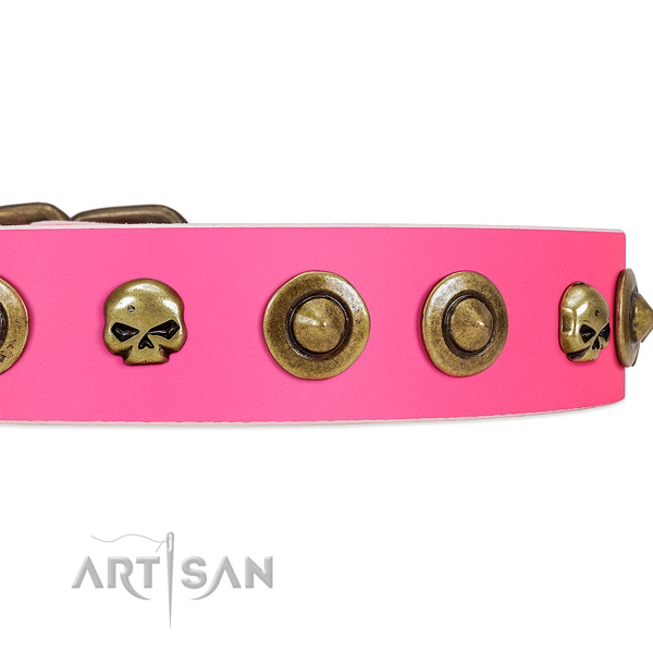 FDT Artisan pink leather dog collar with decorative
brooches and skulls