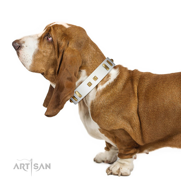 Gentle to Touch White Genuine Leather Collar for Basset
Hound