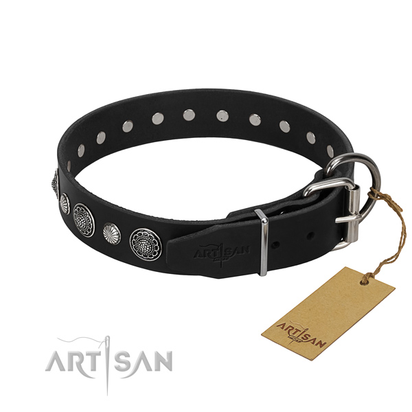 Black Leather Dog Collar with Reinforced Hardware