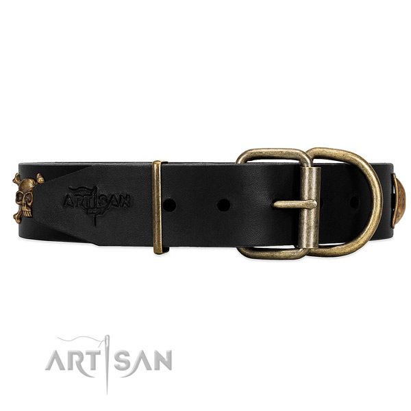 Durable black leather dog collar with old bronze-like
hardware