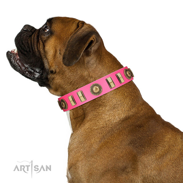 Deluxe Boxer pink leather collar for daily walking