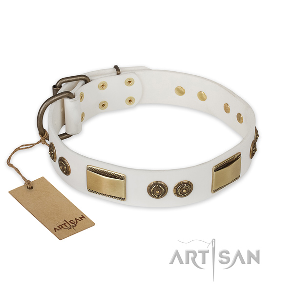 Designer Leather Dog Collar of White Color for Walking