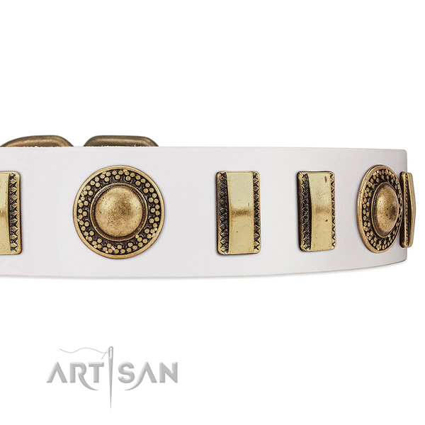Old Bronze-like Plated Engraved Adornments on White
Leather Dog Collar