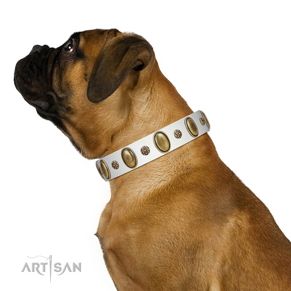 Super comfortable Bullmastiff Artisan leather collar of
optimal width