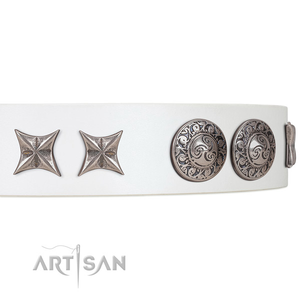 White Leather Dog Collar with Ebgraved brooches and Stars