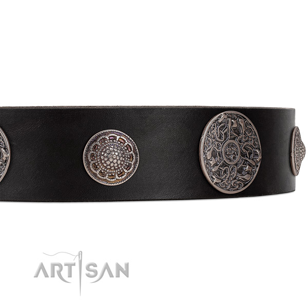 Black leather dog collar with riveted ornate brooches