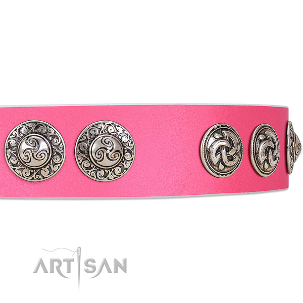 Begulling pink leather dog collar with engraved
medallions