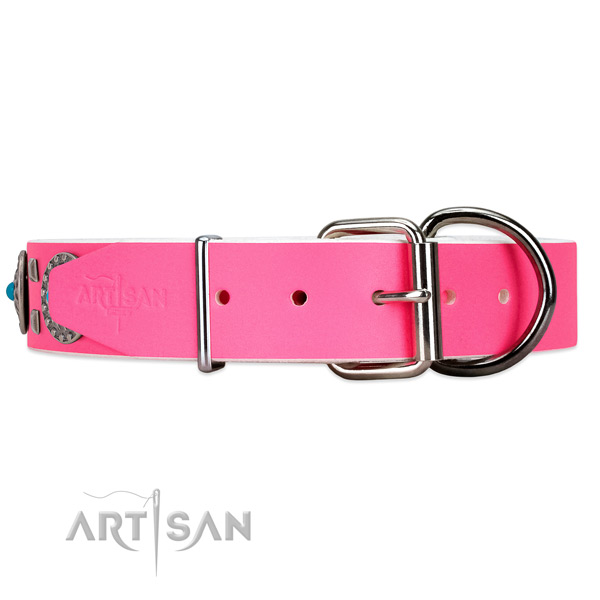 Pink leather dog collar with old silver-like hardware