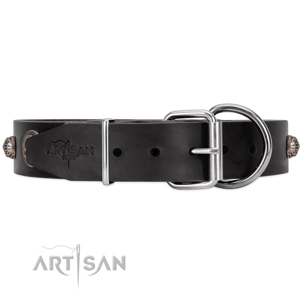 Unique style black leather dog collar with tough
fittings