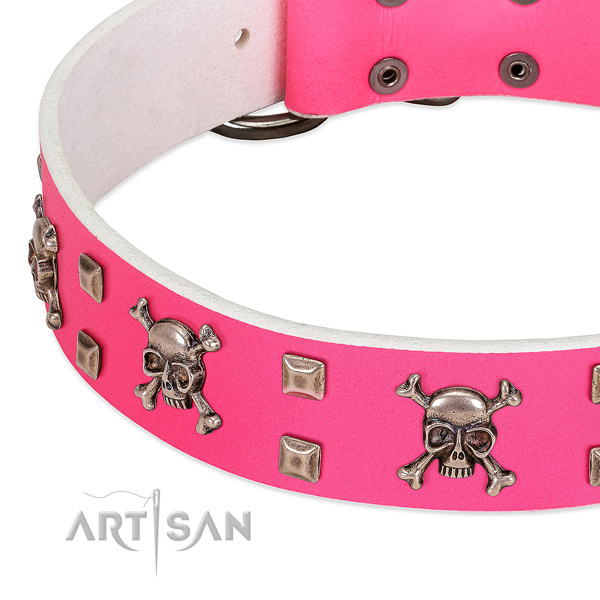 Pink leather dog collar with modern cool decorations