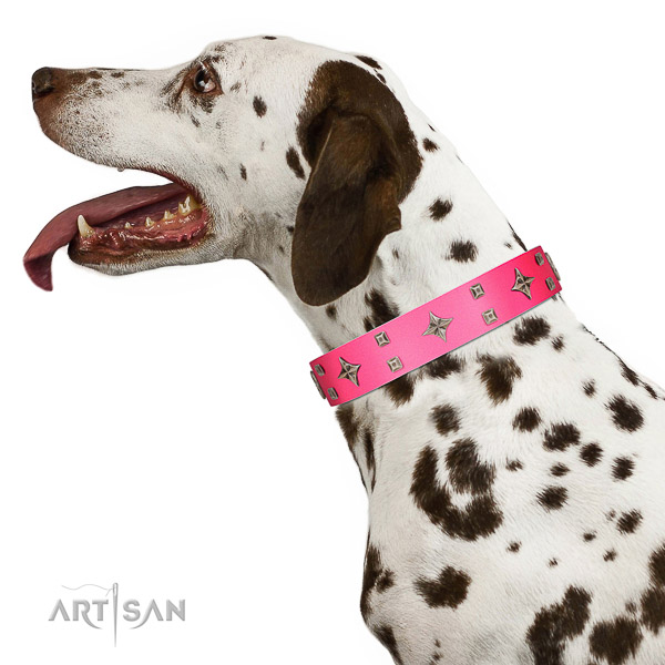 Pink leather Dalmatian collar for stylish look