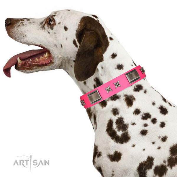 Pink Dalmatian collar made of gentle to the touch leather 