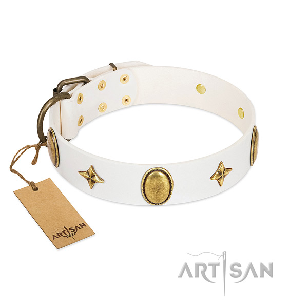 Elegant white leather dog collar with stars and ovals