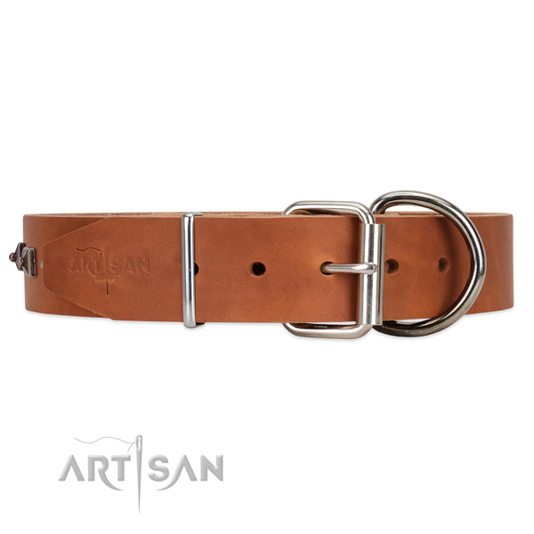 Deluxe style tan leather collar with extra durable hardware