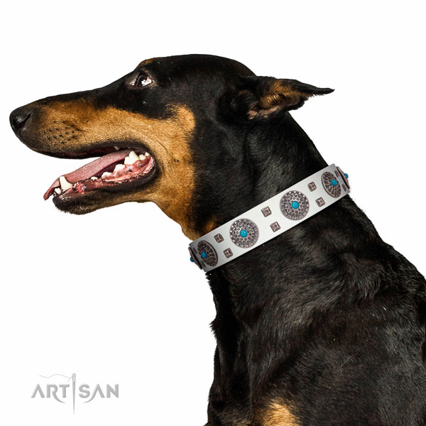 One and only white leather Doberman collar with deluxe
studs