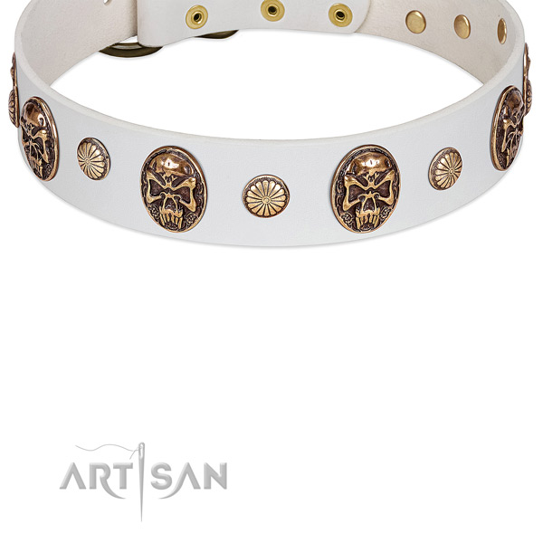 White Dog Collar with Old Bronze-like Plated Skulls and Studs