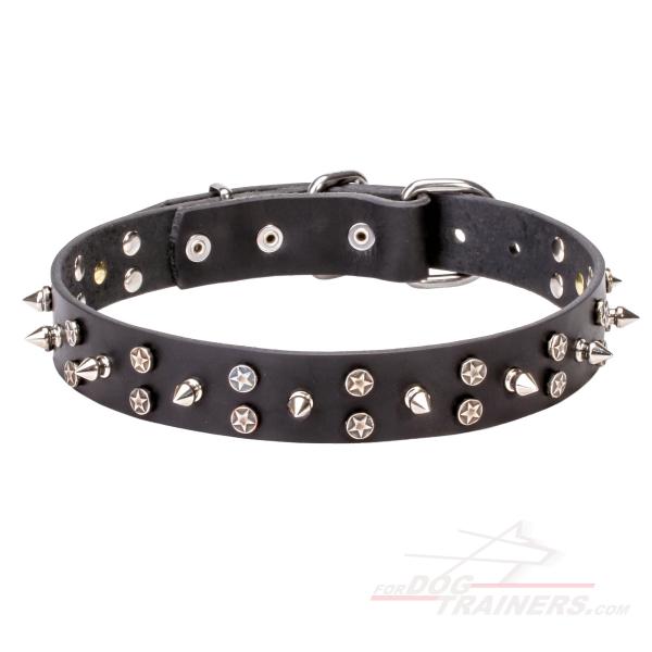 Dog Leather Collar with Chrome Plated Decoration