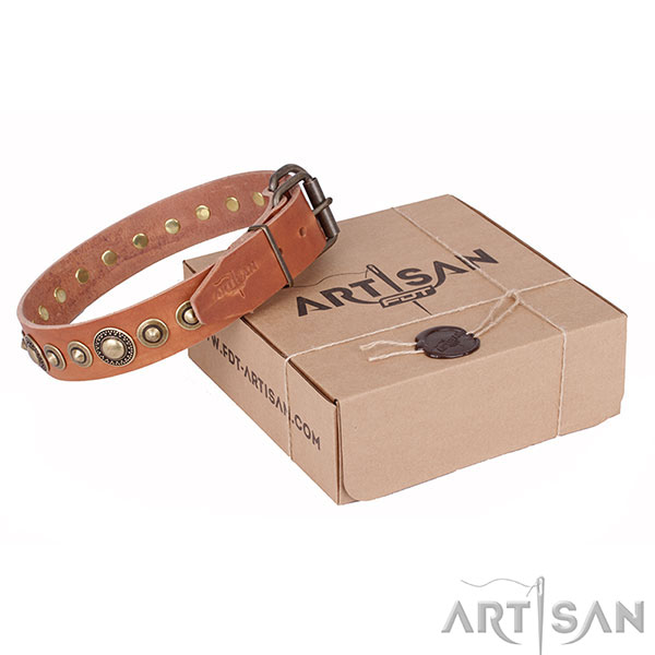 Tan Leather Artisan Dog Collar with Old Bronze Look Hardware