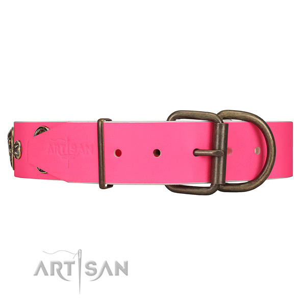 Strong Rust-proof Buckle on Pink Leather Dog Collar