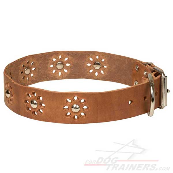 Dog Leather Collar with Flower Studded Decoration