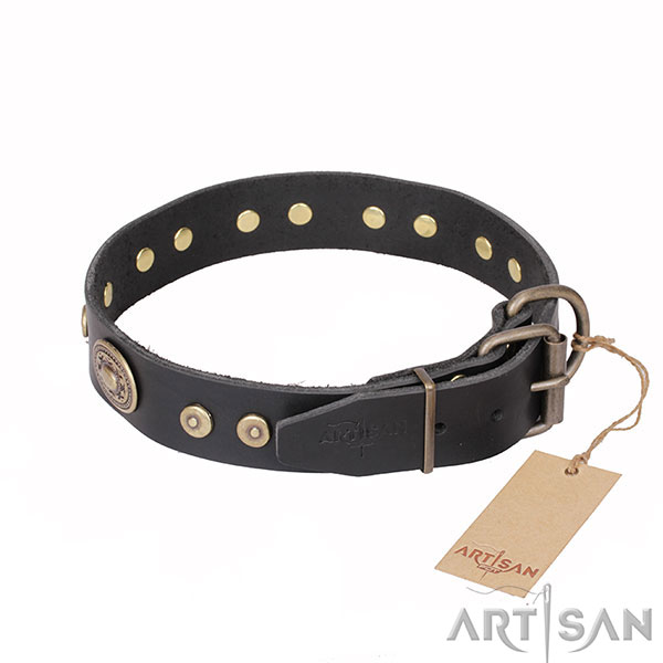 Fashionable Leather Dog Collar with Old Bronze Look D-Ring
