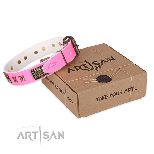 Pink Leather Dog Collar Decorated with Plates and Stars