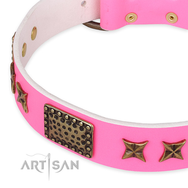 Pink Leather Dog Collar with Fancy Decorations for Female Canines