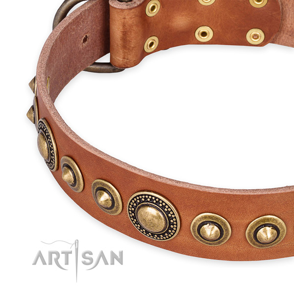 Tan Natural Leather Dog Collar with Rust Resistant Decorations