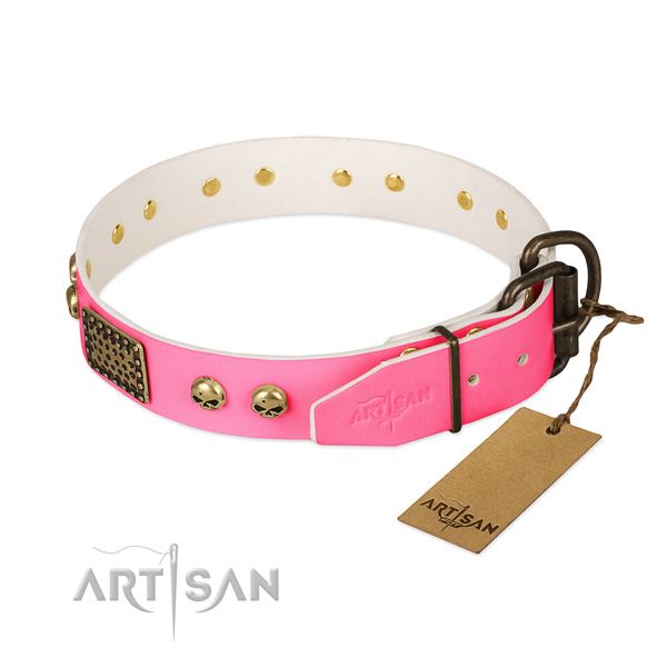 Pink Leather Dog Collar with Old Bronze Look Fittings