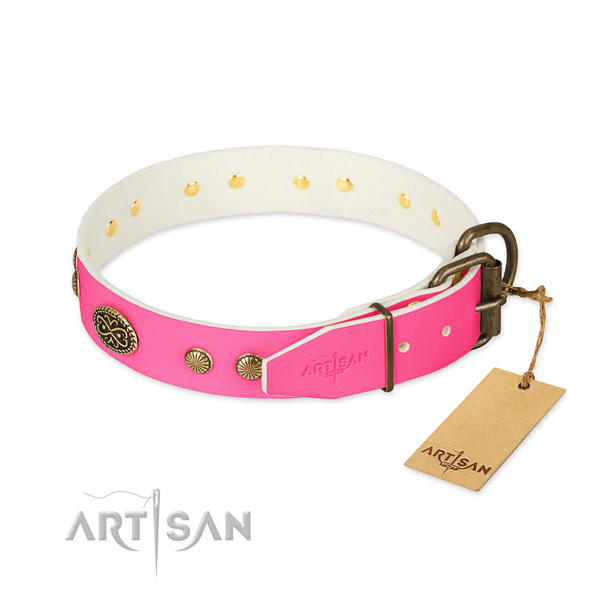 Pink Leather Dog Collar with Old Bronze Look Fittings