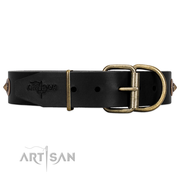 Black Leather Dog Collar with Strong Buckle and D-ring