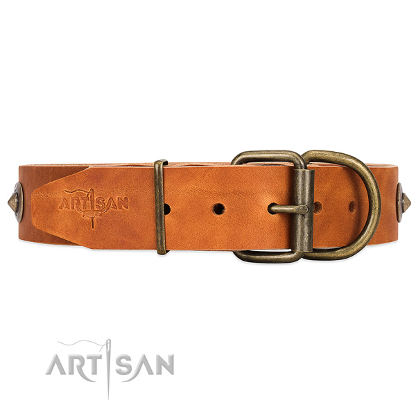 Tan Leather Dog Collar with Strong Buckle for Quality Control