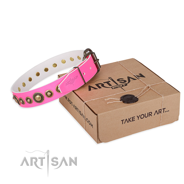 Wide Pink Leather Dog Collar