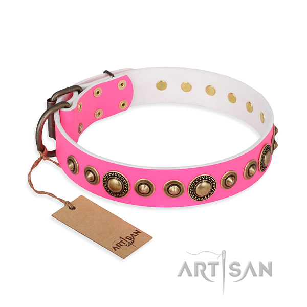Pink Leather Dog Collar with Old-Bronze Plated Adornments