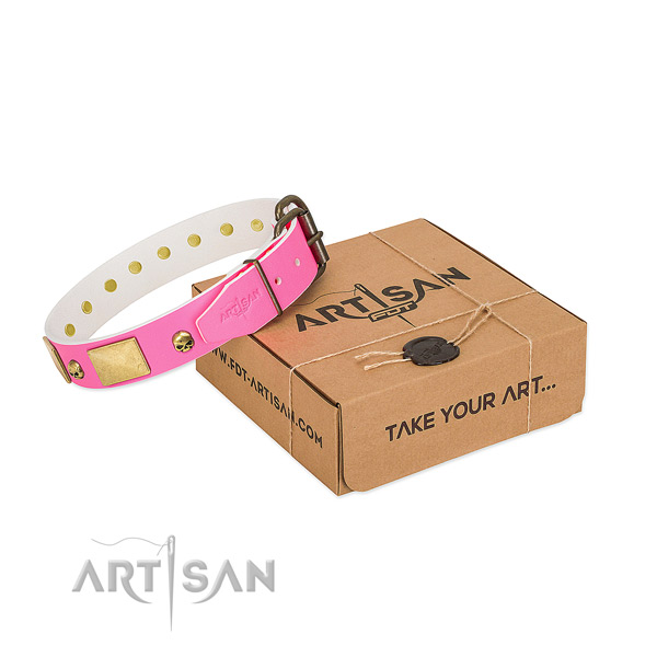 Adorned with bronze-like Skulls and Plates Pink Leather Dog Collar