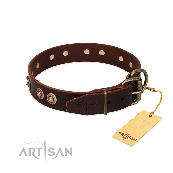 Leather dog collar with old bronze-like plated hardware