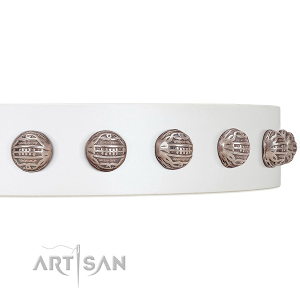 FDT Artisan white leather dog collar with fancy decorations