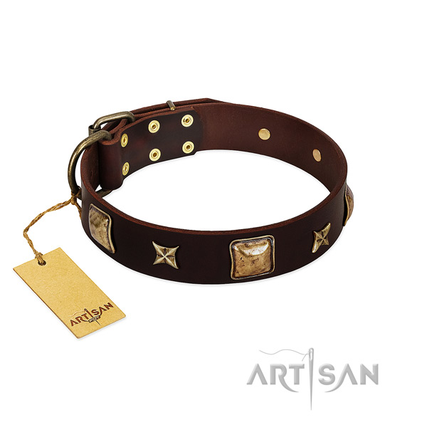 Easy adjustable brown Artisan leather dog collar for
comfortable walking