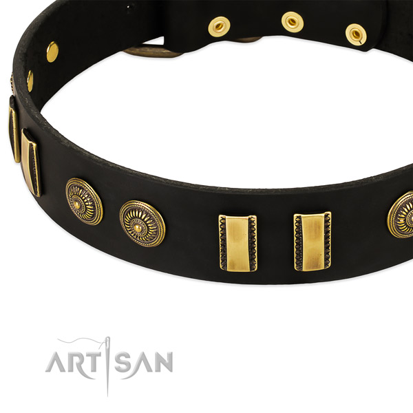 Convenient black leather dog collar with decorations