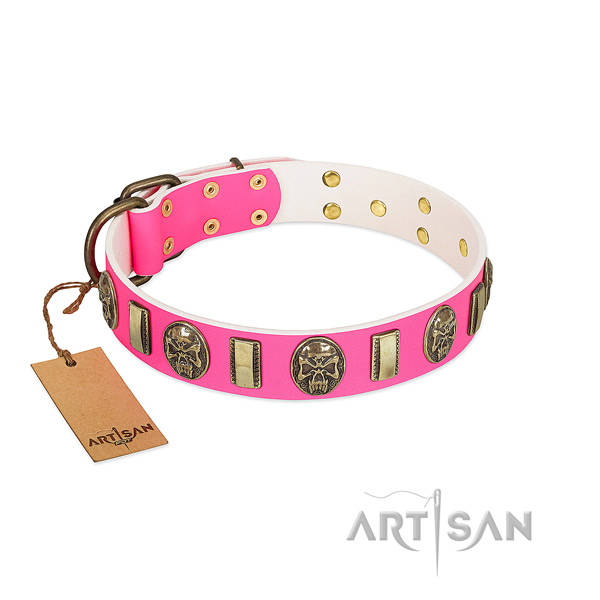 Top-notch walking pink leather dog collar