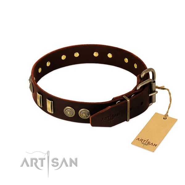 Brown leather dog collar with old bronze-like plated fittings