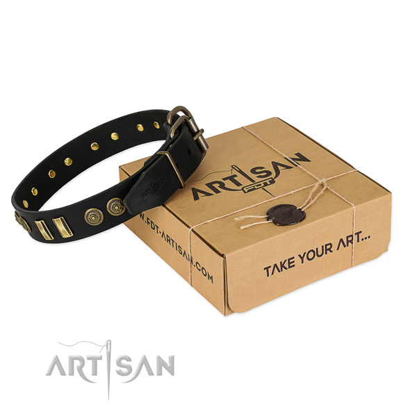 Black leather dog collar with decorations