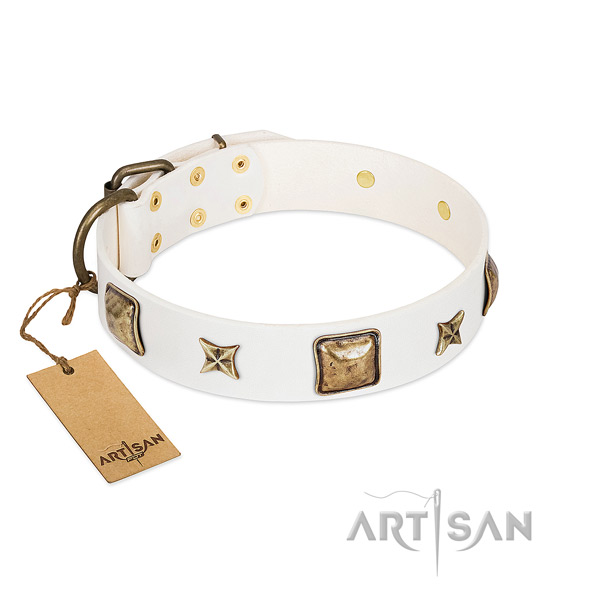 White Artisan leather dog collar with smoothed edges