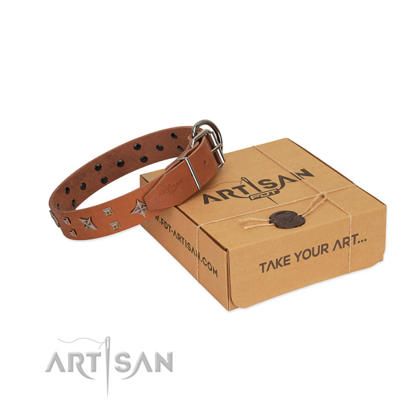 Tan leather dog collar of soft and tender leather in tan