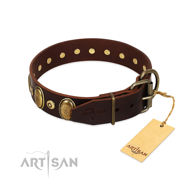 Adjustable Leather Dog Collar Adorned with Bronze-like Plated
Adornments