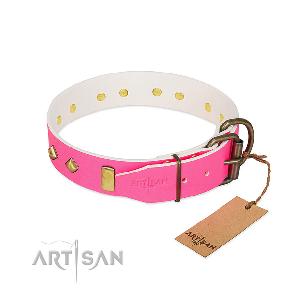 Walking pink leather dog collar with firm hardware