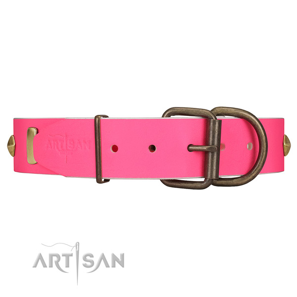 Reliable use leather dog collar with strong hardware