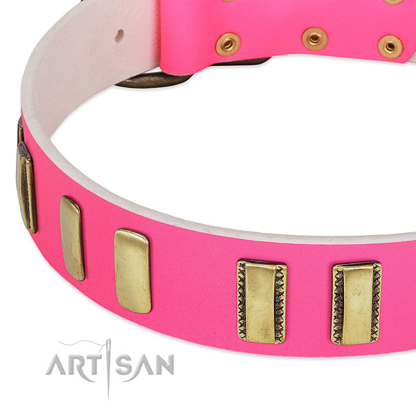 Comfy pink leather dog collar with rust resistant plates